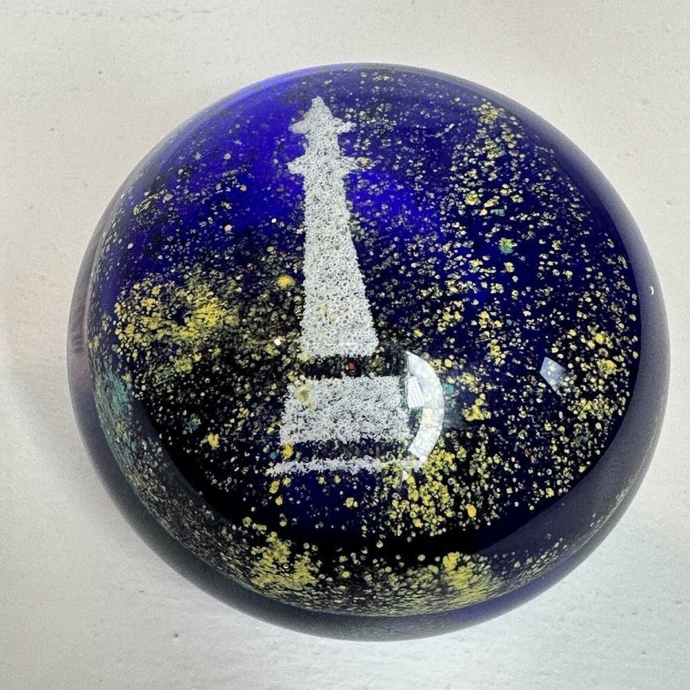 Lighthouse Paperweight 2.5 Inch Art Glass Cobalt‎ Blue Yellow Stars Domed MCM